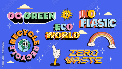 Text Stickers in trendy retro style. Eco world concept. World Environment Day.  Earth planet lettering caption no plastic, go green, zero waste. Vector illustration	