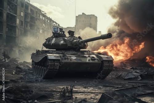 A close-up of a tank in a war-torn city, with smoke and debris in the background