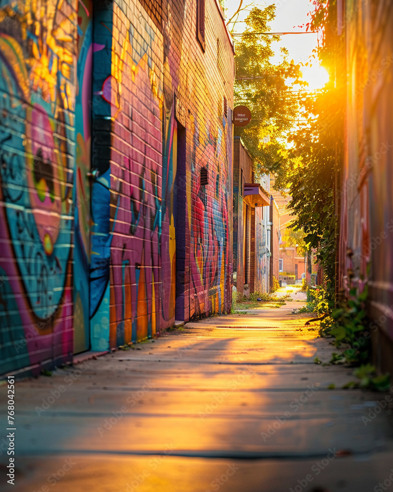 Fototapeta premium Colorful Murals, on urban walls, adding vibrancy to once neglected streets,under golden hour light, with a soft depth of field bokeh effect