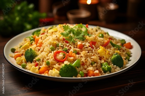 A plate of freshly cooked fried rice with a variety of different types of vegetables and spices, arranged in a decorative pattern
