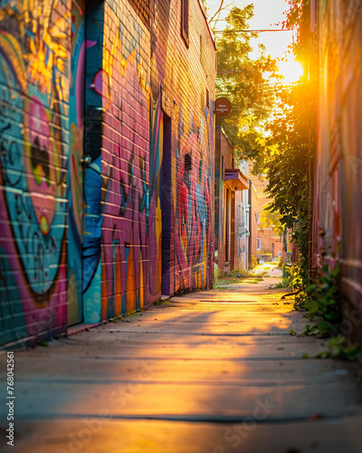 Colorful Murals, on urban walls, adding vibrancy to once neglected streets,under golden hour light, with a soft depth of field bokeh effect