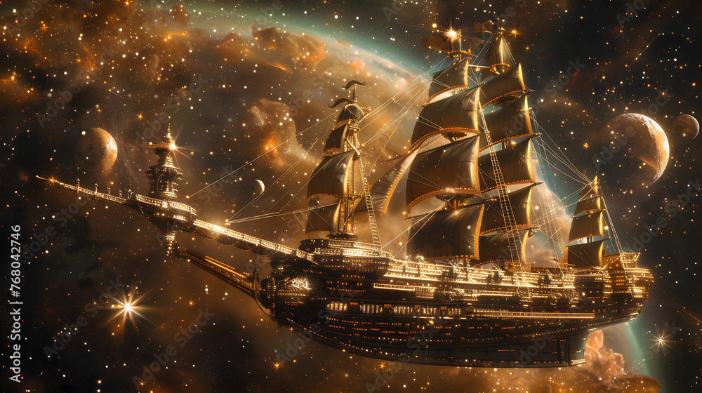 A golden ship sails through outer space with stars and a planet in the background. A golden ship sails through outer space with stars and a planet in the background.