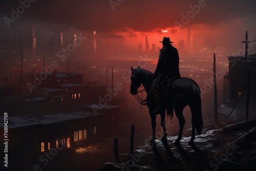 a man on a horse looking at a city at sunset