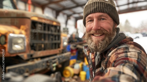 A cheerful and kind technician  wearing a beanie  hoodie  and beard  in a winter workshop.