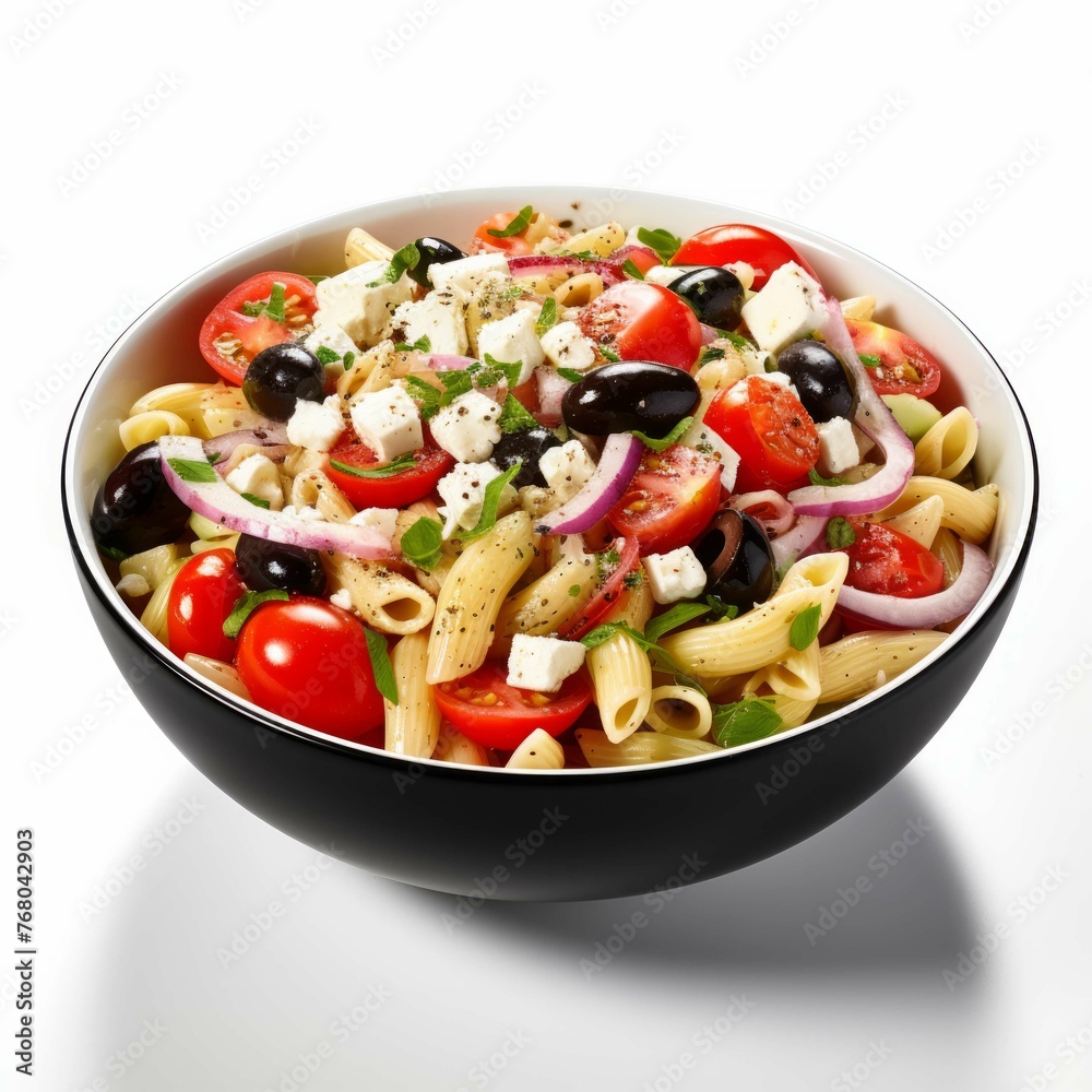 A bowl of freshly made pasta salad with tomatoes, onions, olives, bell peppers, and feta cheese, isolated on white background