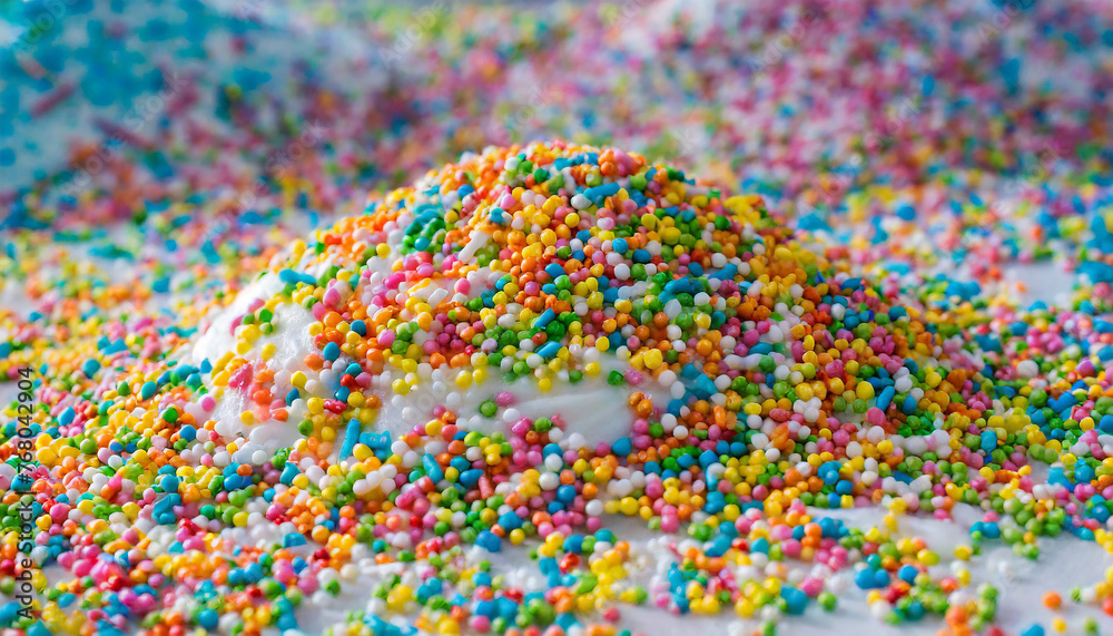 cupcakes with sprinkles, Delicious Cupcake with Rainbow Sprinkles, Frosted Cupcake on a Bed of Colorful Sprinkles, Sweet Cupcake with Rainbow Sprinkles, generative ai