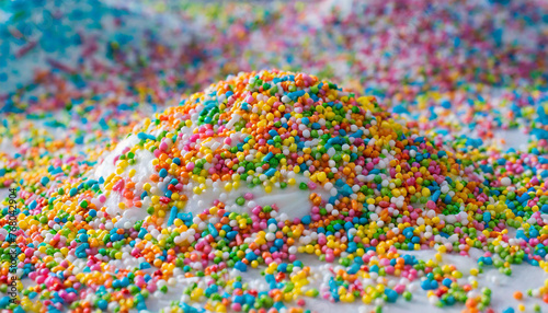 cupcakes with sprinkles, Delicious Cupcake with Rainbow Sprinkles, Frosted Cupcake on a Bed of Colorful Sprinkles, Sweet Cupcake with Rainbow Sprinkles, generative ai