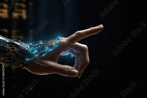 Cyborg hand touching virtual screen with finger on dark background
