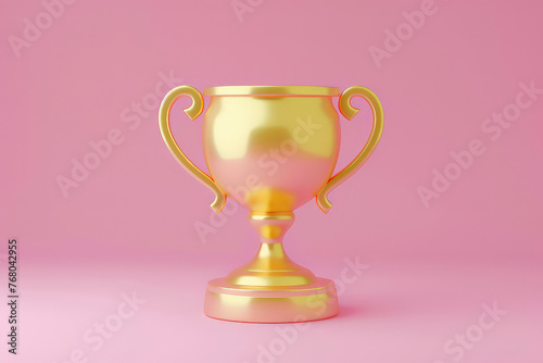 3D Trophy gold cup and geometric shapes on pink background.