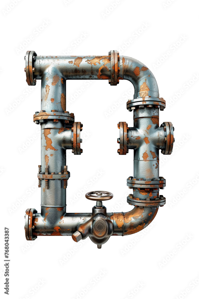 A metal pipe in the shape of the letter D covered in rust. Isolated letter D. A metal pipe in the shape of the letter D covered in rust. Isolated letter D.
