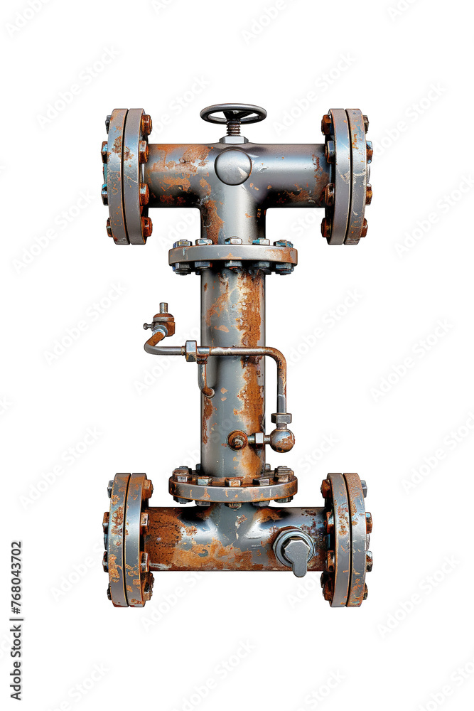 Fototapeta premium A metal pipe with two valves attached, forming the shape of the letter I. Isolated letter I.