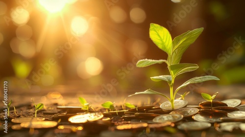 A close up of vibrant green sprouts emerging from coins symbolizing money growth on a wooden desk background Coins scattered sunlight filtering through a window casting dynamic shadows