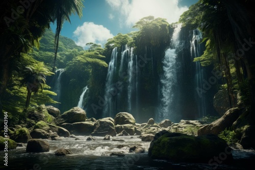 A tropical rainforest with a waterfall