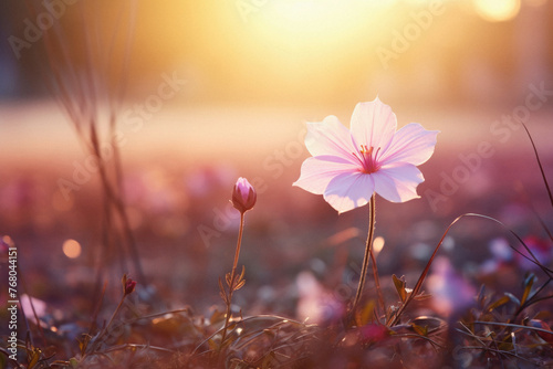 A flower is in the foreground of a field