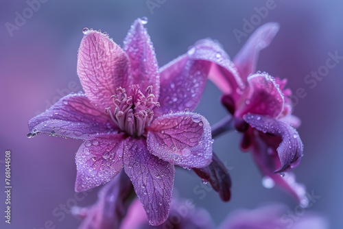 A close up of a purple flower with dew on it