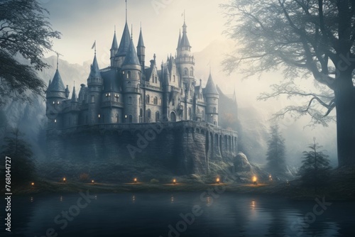 A mysterious castle in a foggy landscape, with a magical atmosphere