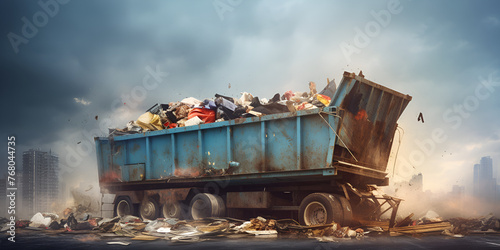 Large container of garbage in landfill recycling concept photo
