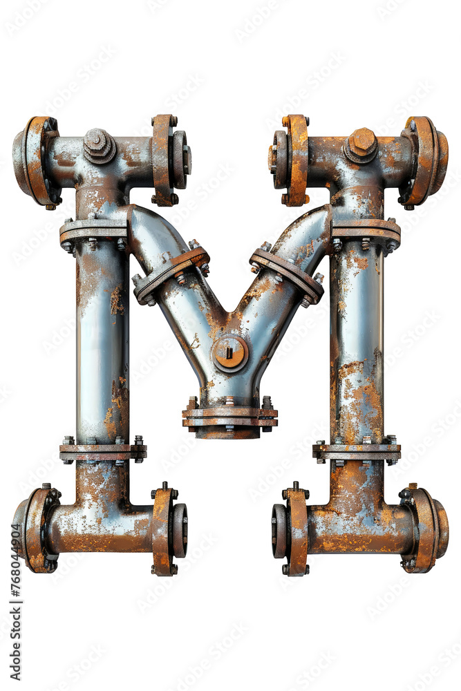 The letter M formed by interconnecting metal pipes, showcasing industrial creativity and design. Isolated letter M.