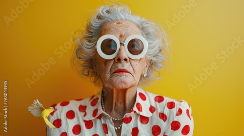 Quirky Senior Lady with Hummingbird, elderly woman with stylish white hair and whimsical oversized glasses poses with a toy hummingbird, against a vibrant yellow background, evoking joy and playfulnes photo