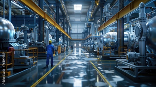 Industrial Might and Precision, lone technician oversees the intricate workings of a vast, high-tech industrial floor, a testament to modern engineering