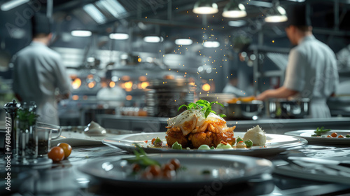 Culinary Artistry in the Kitchen, chef's creation comes to life in the vibrant atmosphere of a professional kitchen, where culinary skill meets artistic presentation