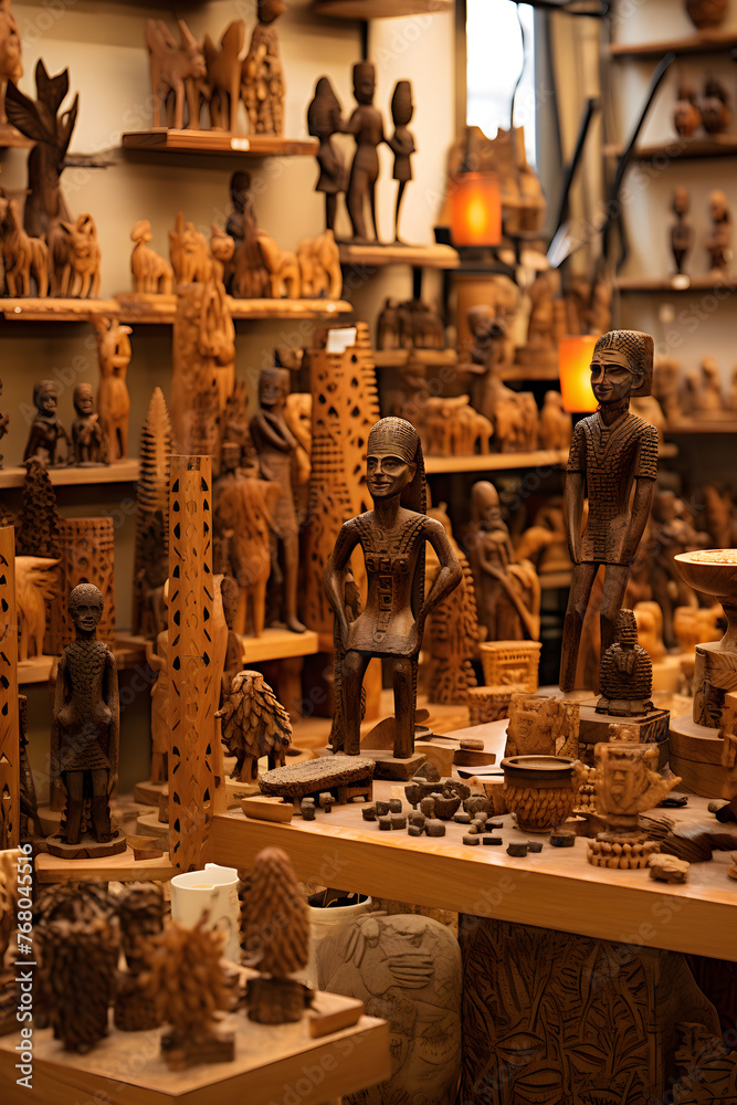 Versatile Selection of Detailed Wooden Crafts at Rustic Market Display