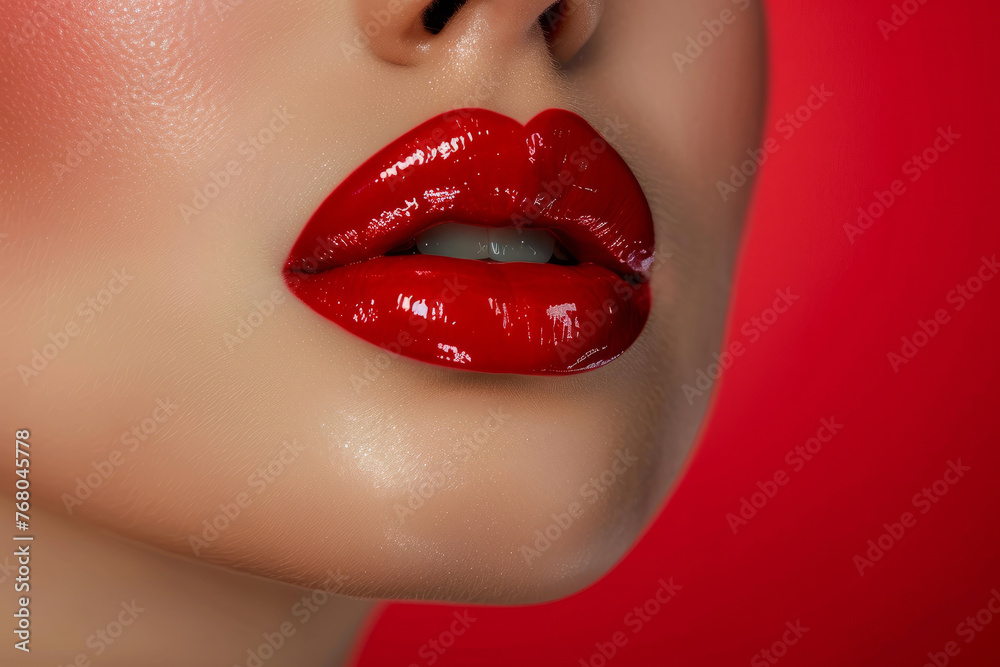 Obraz premium A woman with red lips is shown in a close up. Concept of confidence and beauty. Red Lips background, copy space. Juicy woman lips with glossy red lipstick isolated on red background. Art design.
