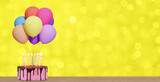 birthday cake with bunch of colorful balloons on blurred yellow background. Empty space for text. 3d rendering