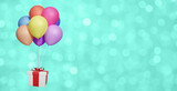 flying gift box with multicolored balloons on green blurred background. Empty space for text. 3d rendering