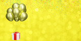 flying gift box with yellow balloons on blurred yellow background with confetti. Empty space for text. 3d rendering