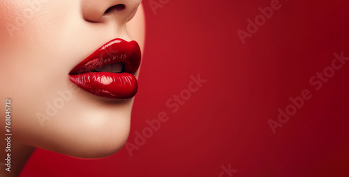 A woman with red lips is shown in a close up. Concept of confidence and beauty. Red Lips background  copy space. Juicy woman lips with glossy red lipstick isolated on red background. Art design.