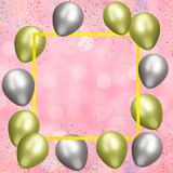 Yellow frame with gold and silver balloons on blurred pink background. Empty space for text. 3d rendering