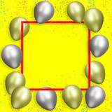 Red frame with gold and silver balloons on yellow background with confetti. Empty space for text. 3d rendering