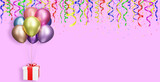 flying gift box with multicolored balloons on pink background with curly ribbon. Empty space for text. 3d rendering