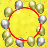 Golden frame with gold and silver balloons on blurred yellow background with confetti. Empty space for text. 3d rendering