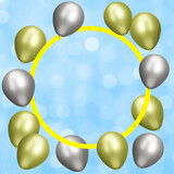 Golden frame with gold and silver balloons on blurred blue background. Empty space for text. 3d rendering