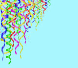 Holiday Curly colorful shiny streamer on blue background. Hanging celebration carnival ribbons. Empty space for text