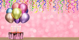 Birthday cake with bunch of colorful balloons on blurred pink background. Empty space for text. 3d rendering