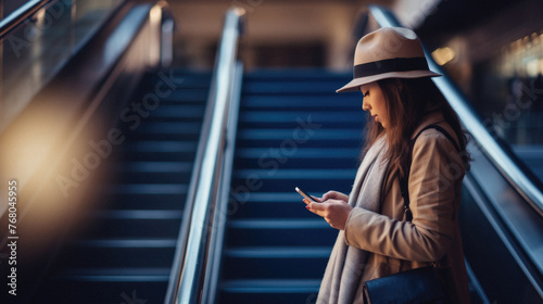 Portrait of a young woman in a hat and coat using a mobile phone on an escalator