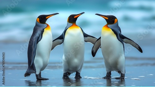 Three penguins standing on the beach.