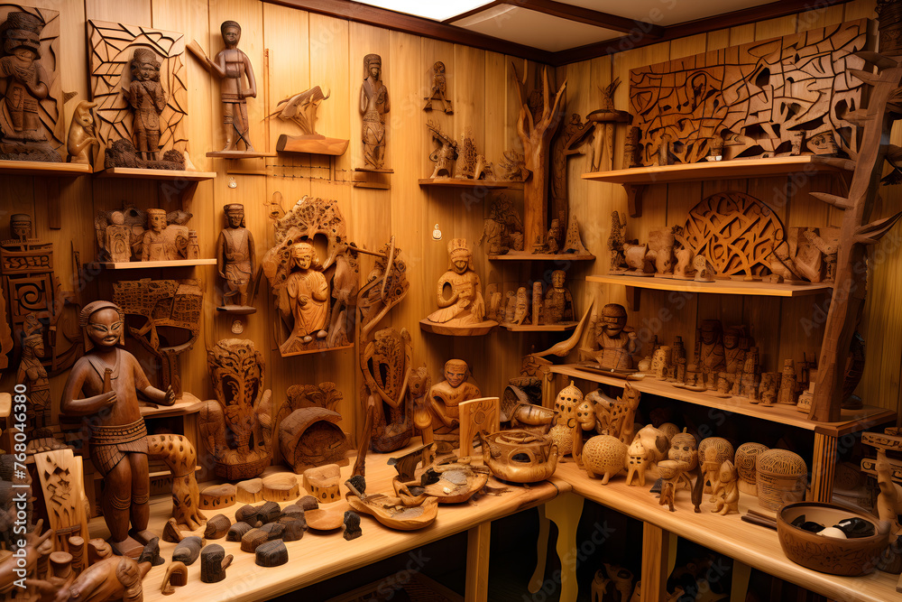 Versatile Selection of Detailed Wooden Crafts at Rustic Market Display