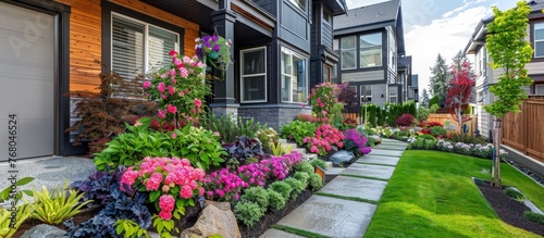 Landscape design with flower beds in home garden, beautiful landscaping 