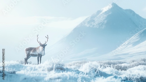 A reindeer in the snow mountain