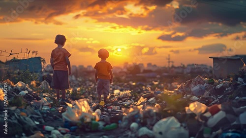 Polluted world. Garbage and waste. Children suffer from pollution. Ecological disaster concept. AI-generated. photo