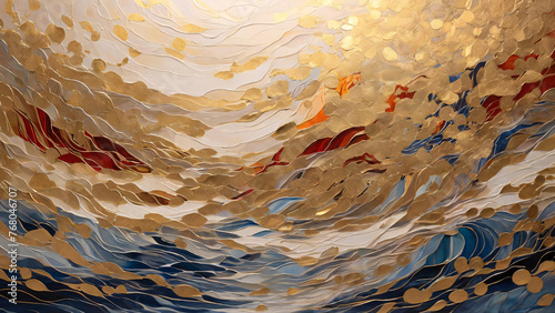 Abstract high quality background with blue red white wavy gold border and golden powder dots.