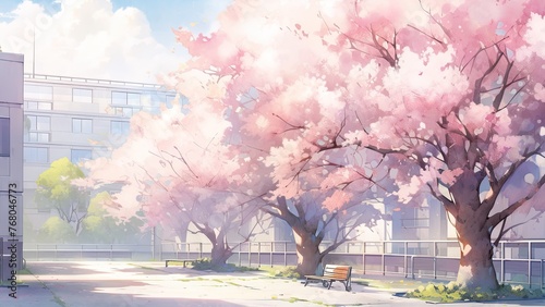 桜並木が続く校舎 photo