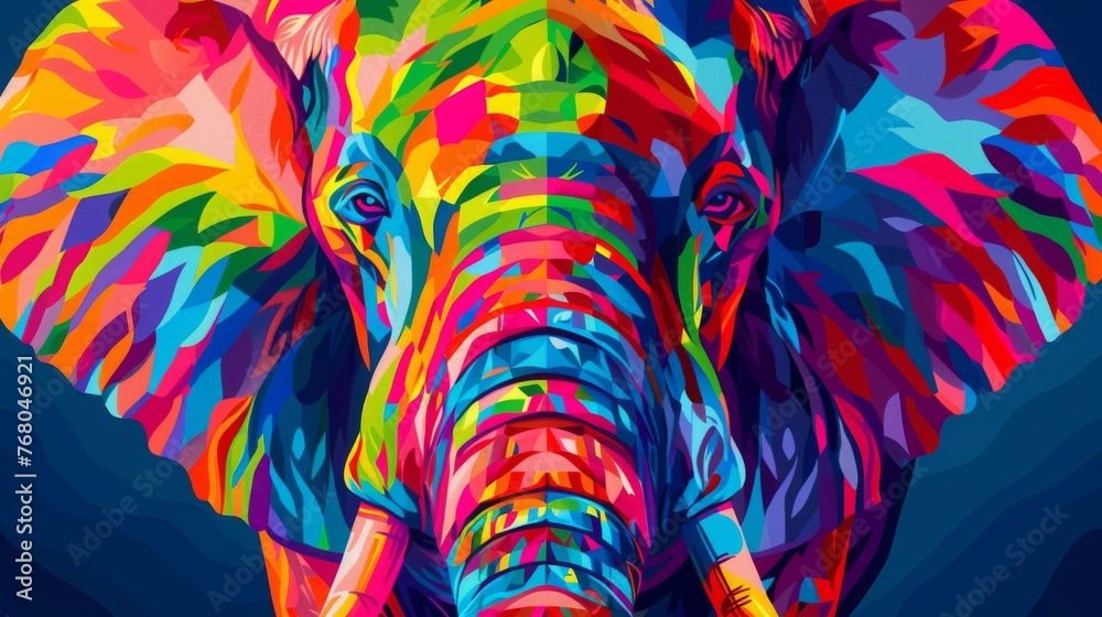 A colorful elephant with a rainbow pattern on its face. The elephant is painted in a way that it looks like it is looking at the camera