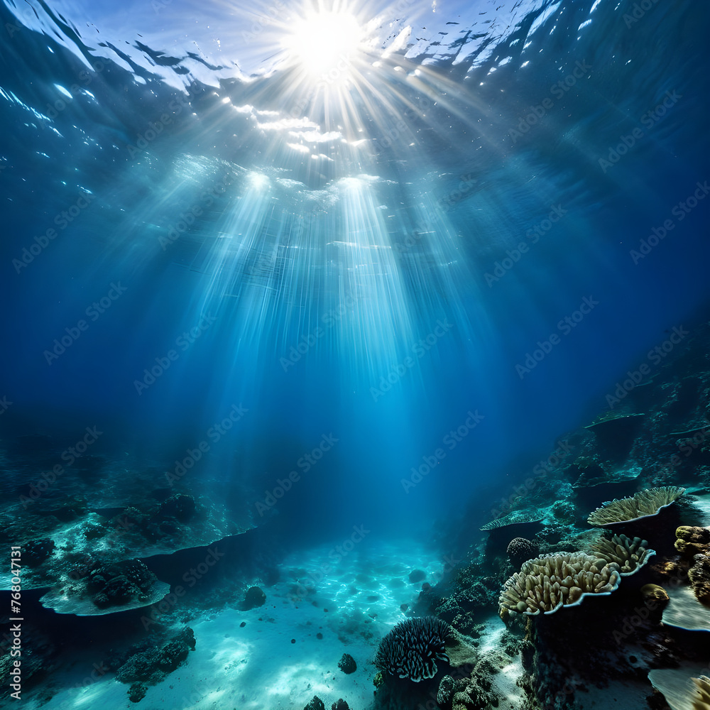 Fototapeta premium Underwater Ocean - Blue Abyss With Sunlight - Diving And Scuba Background
