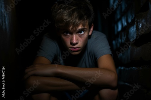 A concerned teenage boy in a dark tunnel, feeling isolated and helpless in the midst of his depression