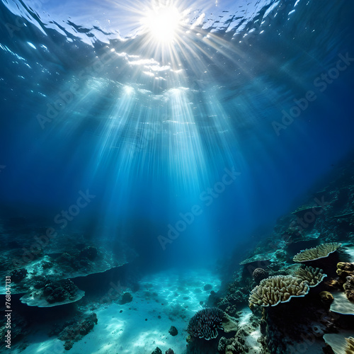 Underwater Ocean - Blue Abyss With Sunlight - Diving And Scuba Background © Linggakun